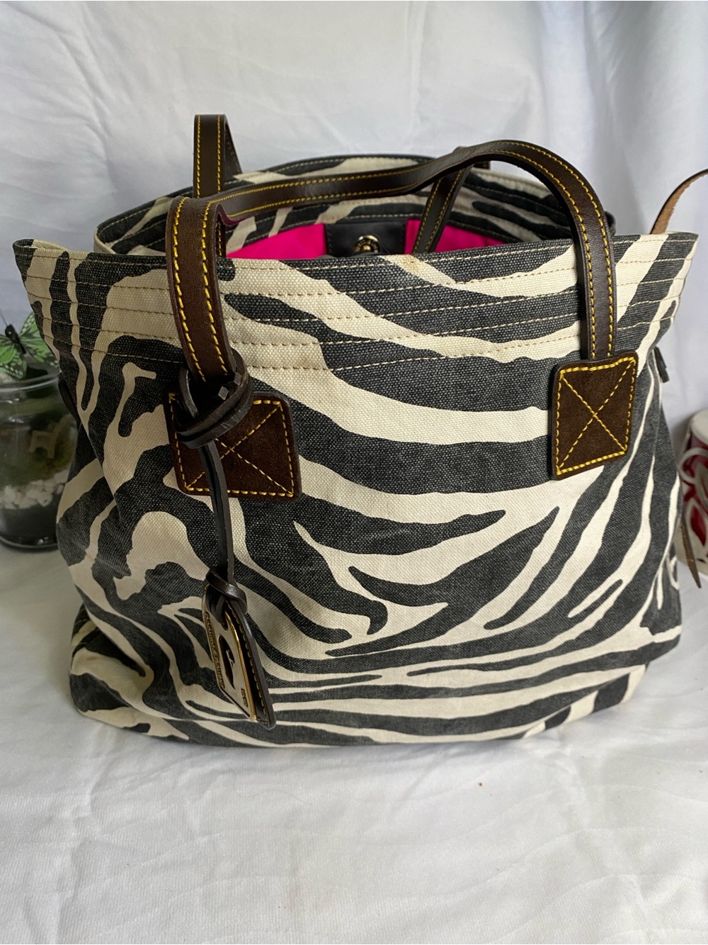 Dooney & Bourke Black and White Zebra Canvas Tote with Brown Leather Handles